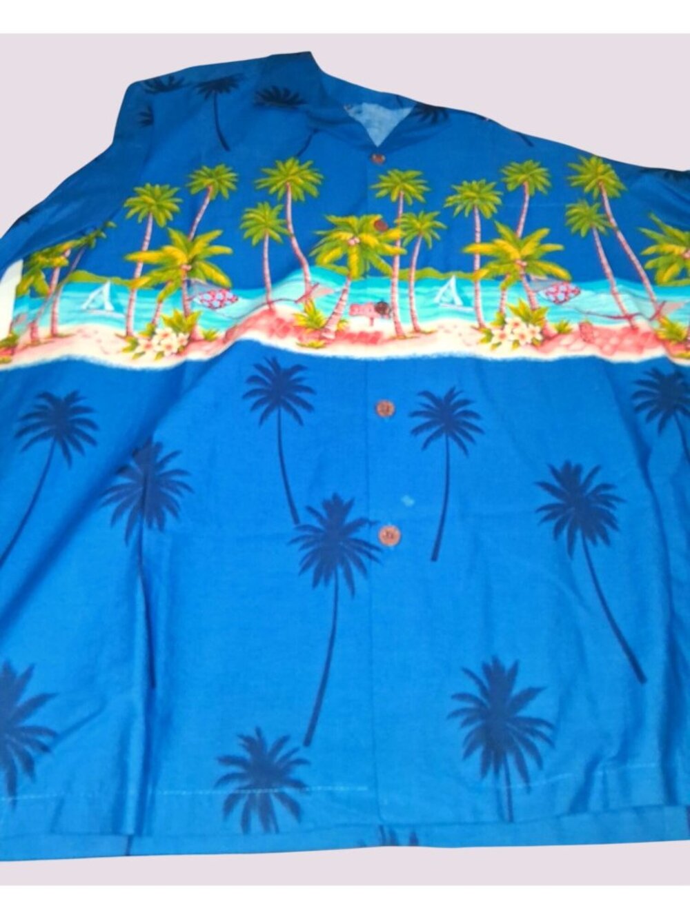 Hawaiian Reserve Collection Blue Tropical Palm Tree Button-Up Shirt Size L